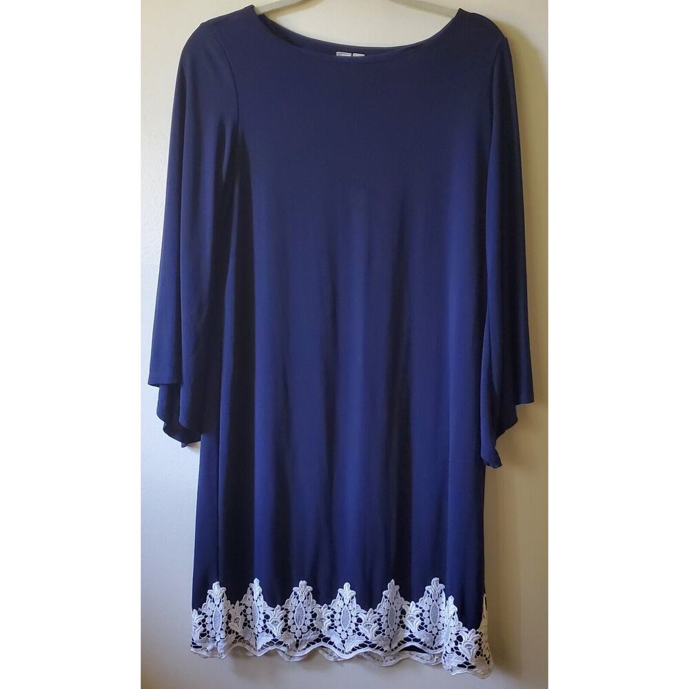 EMMA & MICHELE Black Lace Hem Long Bell Sleeve Slip On Tunic Midi Dress Size M